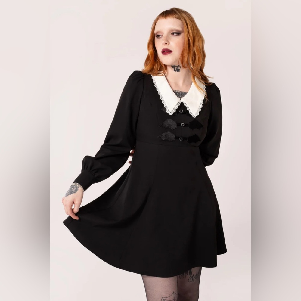 Hell Bunny Batilda Black Long-Sleeve Dress with White Lace Collar